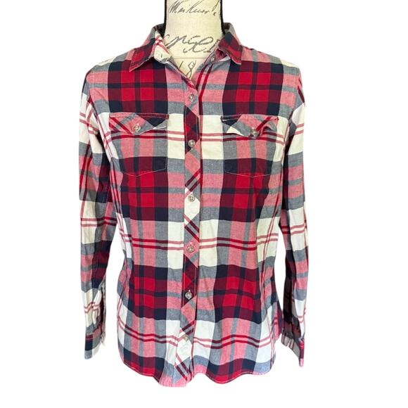 Eddie Bauer Classic Fit Red White Plaid Flannel Cotton Shirt Size Small - Picture 1 of 4